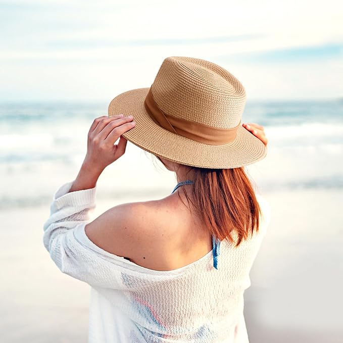 DRESHOW Women Straw Panama Hat Travel Fedora Beach Sun Hat Summer Wide Brim Straw Roll up Hat UPF 50+