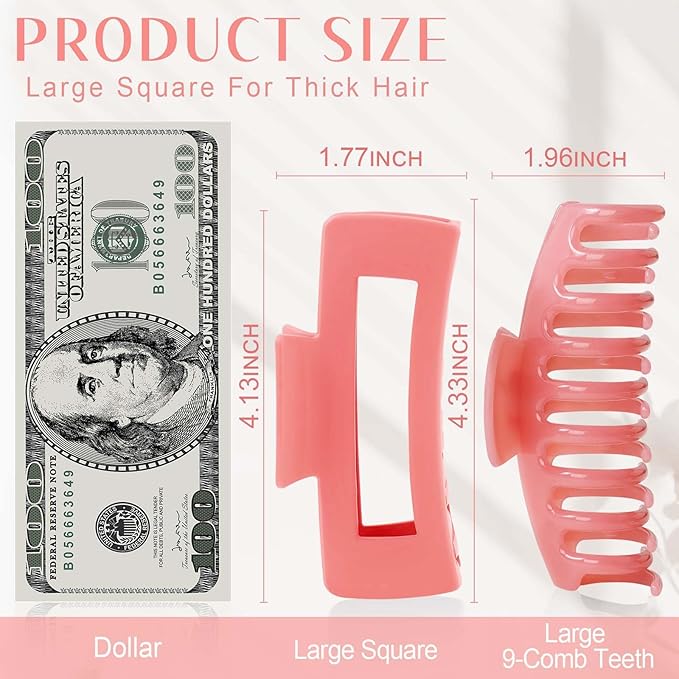 TOCESS Hair Claw Clips for Women Long Thin Hair, 8 Pack 4.33 Inch Big Matte Bright Jelly Pink Square Claw Clip Set, Non-Slip Strong Hold Lightweight Hair Clamps Solve Hair Falling Problem