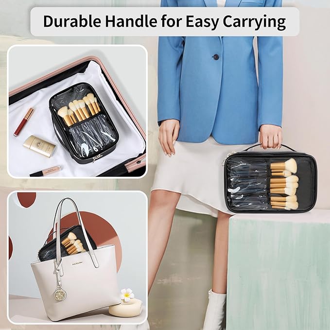 OCHEAL Clear Makeup Bag, Portable Cosmetic Bag Storage, Travel Makeup Bag Cute Clear Pouch For Women and Girls Cosmetics Bags with Divider Makeup Brush Compartment-Black PU Large