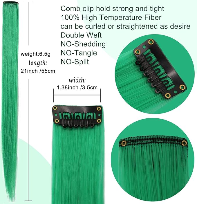 20 Inch Colored Hair Extensions Colored Hair Wig for Girls Straight Fashion Hairpieces Party Highlights 8 PCS (Red Green)