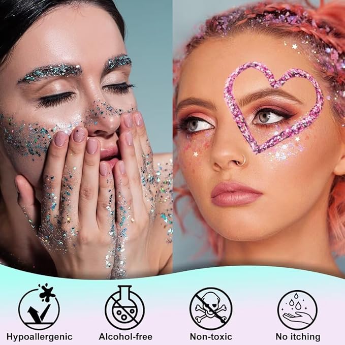Face & Body Glitter, Cosmetic-Grade Glitter Gel- Singer Concerts Disco Festival Rave Accessories, Chunky Hair Sparkling Glitter Gel for Women, Vegan & Cruelty Free- 50ml (White)