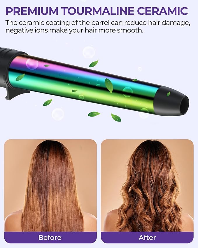 5 in 1 Curling Wand Set: Ohuhu Curling Iron Wand 5Pcs 0.35 to 1.25 Inch Interchangeable Ceramic Barrel Heat Protective Glove 2 Clips Dual Voltage Hair Curler for Girls Women Mother Gift Rainbow