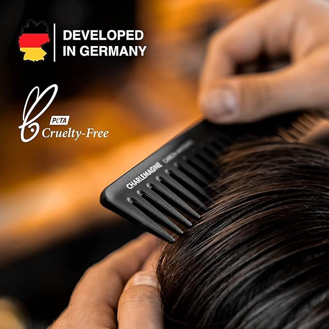 Charlemagne Carbon Hair Comb for Men - 19 cm, Coarse Teeth - Antistatic, Shatterproof Carbon Wide Tooth Comb for Curls & Texture Detangling - Developed by Barbers, Designed in Germany