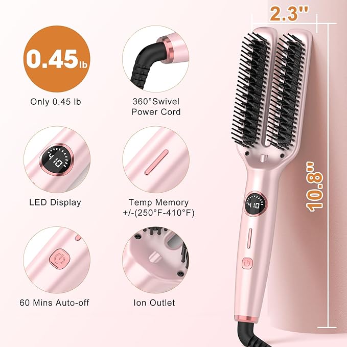 Nimmu Hair Straightener Brush, Hair Straightening Brush Flat Iron for Women with 5 Temps, Ceramic Straightener Comb Fast Heating for Home Salon, Double Heating Plate & Dual Voltage, Pink