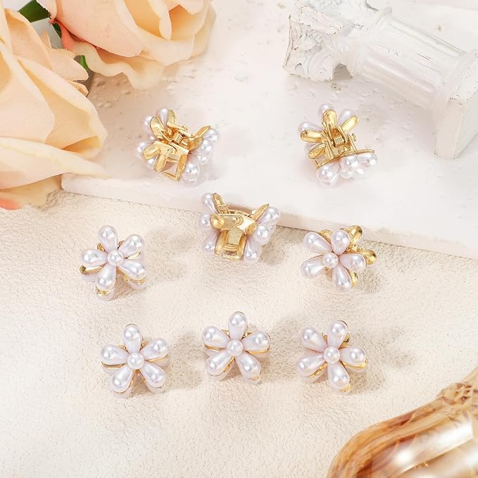 16 Pcs Small Pearl Claw Clips with Flower Design, Mini Hair Clips for Thin Thick Hair, Sweet Tiny Hair Clips, Little Flower Hair Jaw Clamps, Nonslip Bangs Pins Hair Accessories for Women Girls