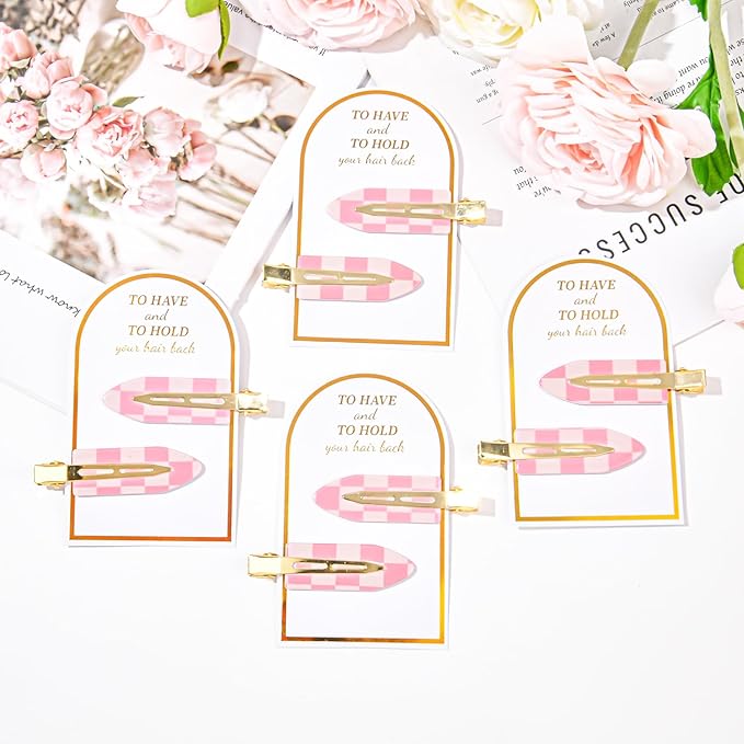 20PCS Bridesmaid Pink Checkered Hair Accessories - No Bend Creaseless Glitter Hair Clips for Bride Women Girls (20Pcs/10Cards)