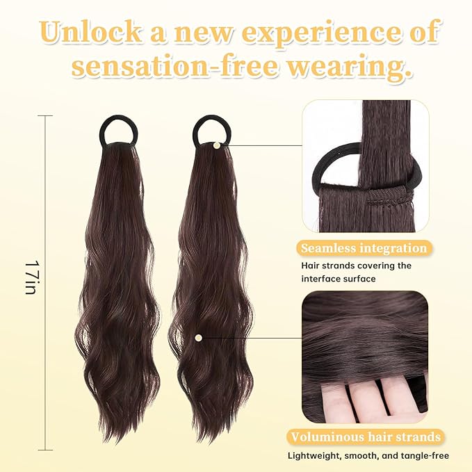 2PCS Curly Ponytail Extension with Hair Tie Hair Natural Wig Elastic Band Wave Fake Ponytail Wigs Accessories for Women Daily 17 Inch (dark brown)
