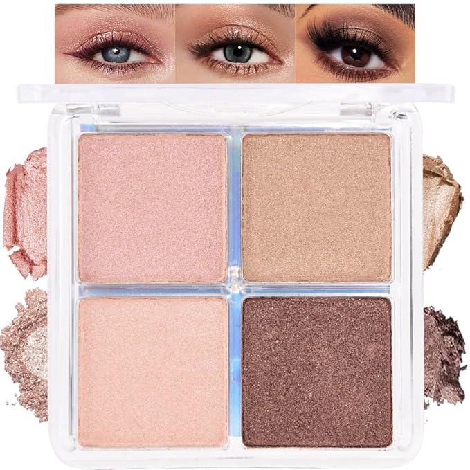 4 Colors Dark Nude Brown Off-White Light Pink Eye Shadow Palette Makeup, Neutral Matte Shimmer Eyeshadow Palette for Women Highly Pigmented Waterproof, paleta de sombras de ojos, Vegan&Cruelty-free 06