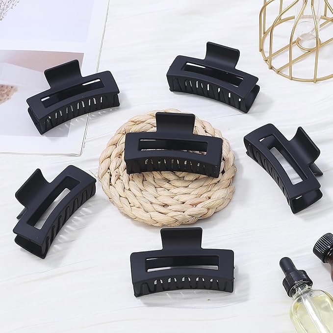 3.5 Inch Medium Hair Claw Clips 6 Pack Hair Clips for Women Square Claw Clips Rectangle Clips for Hair Banana Jaw Clips Hair Accessories for Girls -Black