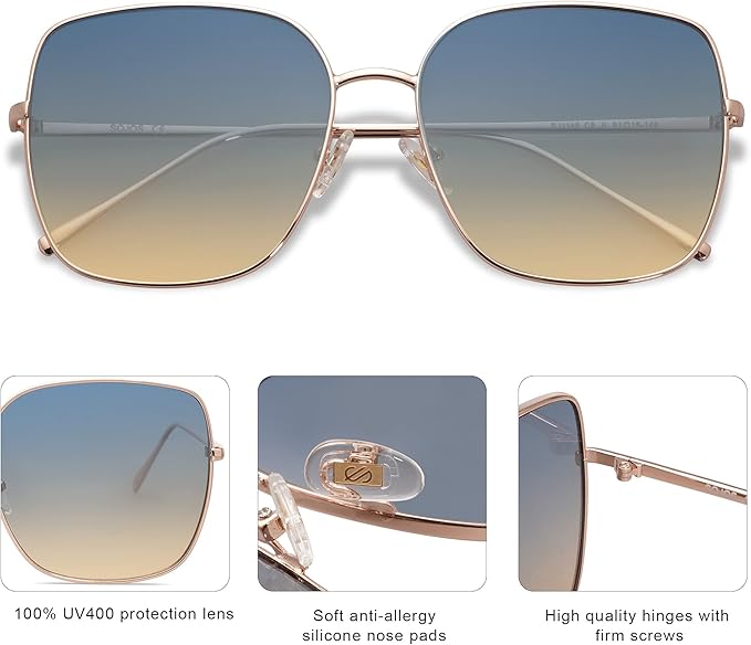 SOJOS Trendy Oversized Square Metal Frame Sunglasses for Women Men Retro Big Flat Lens UV Protection Sunglasses SJ1146