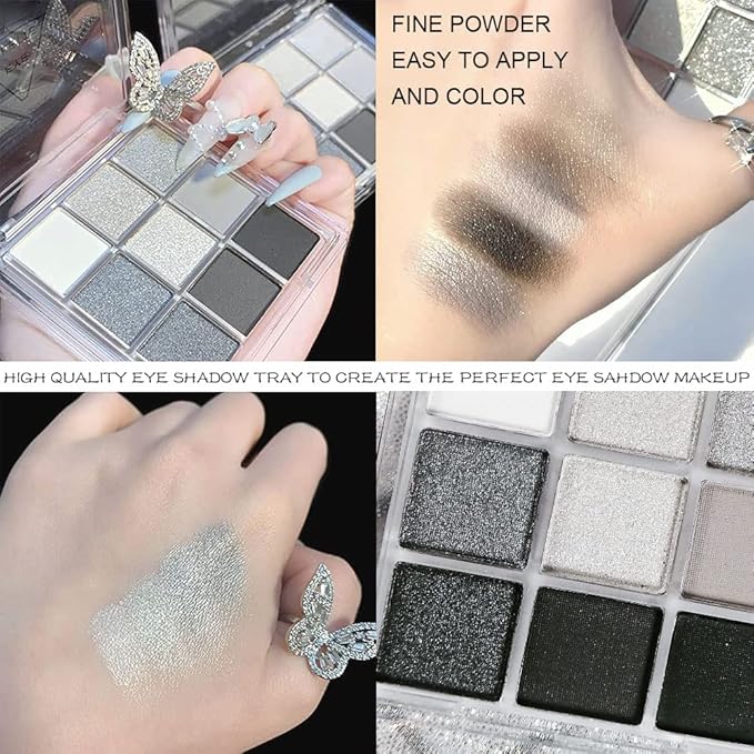 AMY'S DIARY Black Smokey Silver Glitter Shimmer Eye Eyeshadow Makeup Palette,9 Colors Cool Toned Matte Glitter Make Up Black Radiance Eyeshadow Palette Sombras De Ojos Profesional(A)