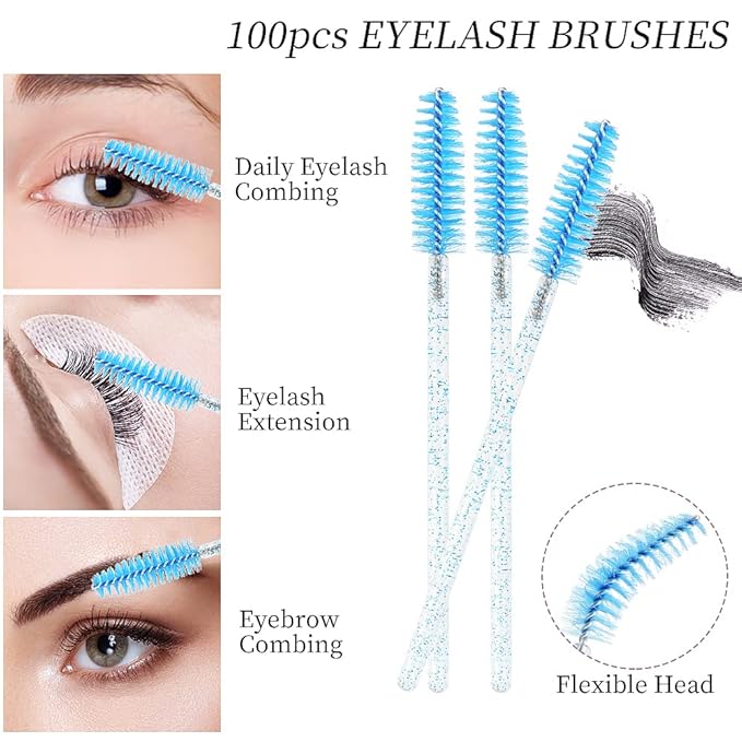 300 PCS Eyelash Extension Supplies Kit Disposable Micro Swab Brush Eyebrow Spoolies Lip Stick Brush Mascara Wand Applicator Makeup Brush Tool(Blue Sets)