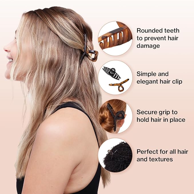 Kitsch Large Hair Clips for Women - Fashionable Loop Hair Claw Clips | Matte Plastic, Easy-Grip | Perfect for Everyday Use & Special Occasions - Tortoise & Black, 2 Pcs