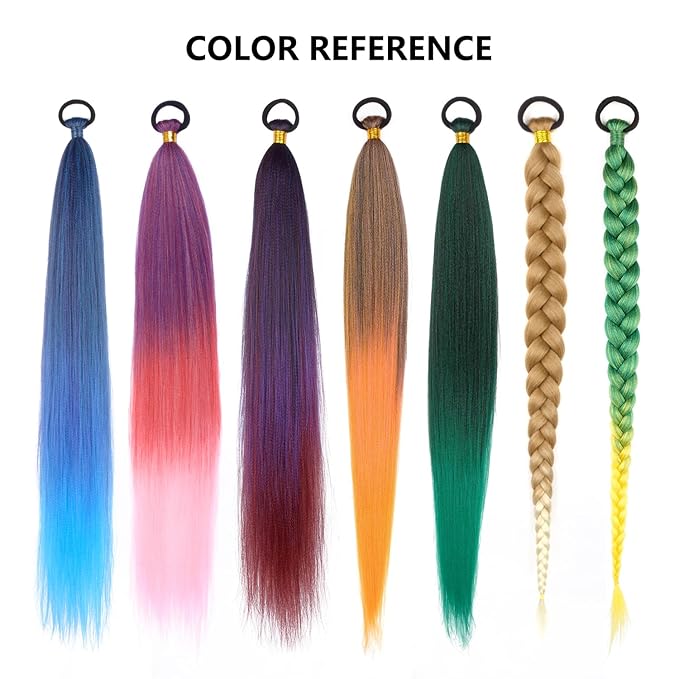 2 Pack Braid Ponytail Extension with Elastic Tie Straight Sleek Wrap Around Braid Wig Ponytail Green gradient 26 Inch (Dark green/green)