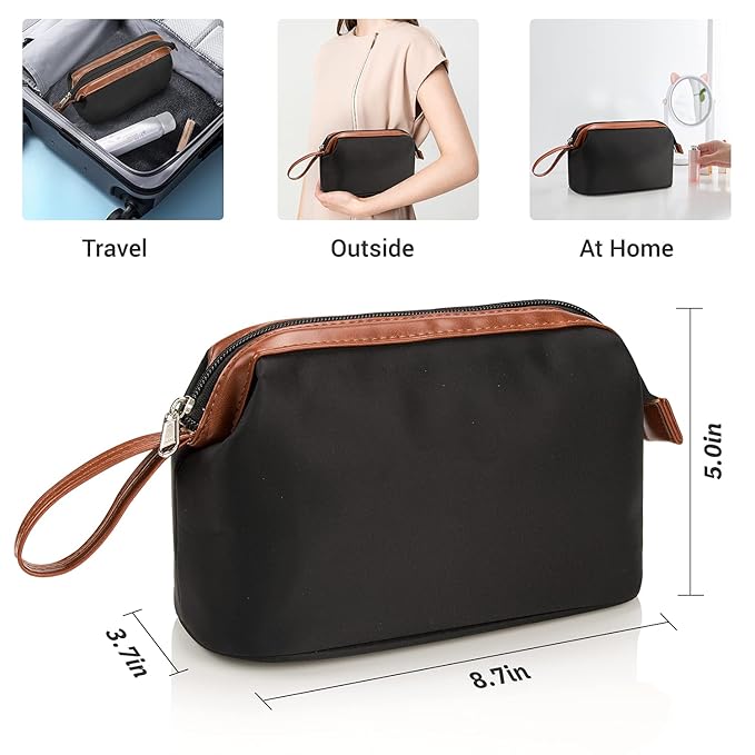 OCHEAL Travel Makeup Bag, Small Cosmetic Bags for Women,Large Capacity Portable Cosmetic bag Storage Organizer for Purse Everyday Use (Small,Black-Brown)