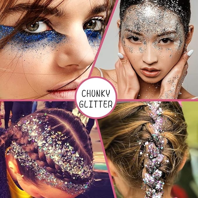 Holographic and Iridescent Chunky Glitter Sequins, 36 Colors Mixed Cosmetic Glitter for Face Body Eye Hair Nail Art Lip Gloss, Festival Glitter Makeup with Different Hexagons Size