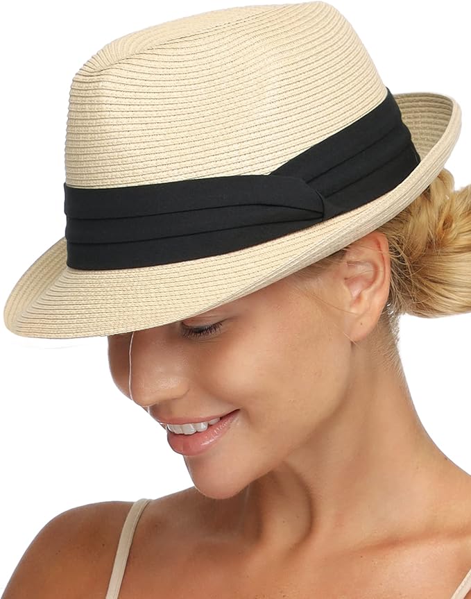 FURTALK Fedora Straw Sun Hat for Men Women Foldable Roll Up Short Brim Trilby Hat Panama Beach Hat UPF 80+