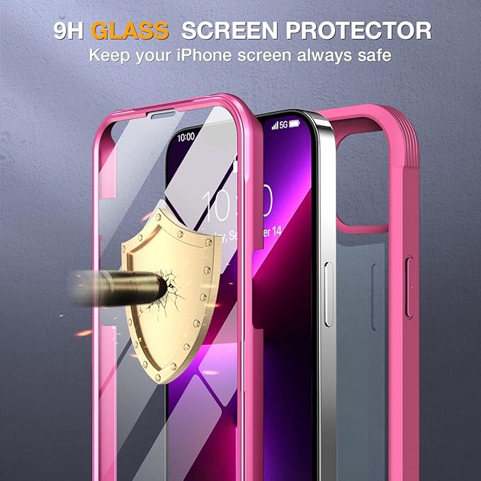 Miracase Glass Case for iPhone 13 Pro Max 6.7 inch, Upgrade Full-Body Clear Bumper Case with Built-in 9H Tempered Glass Screen Protector for iPhone 13 Pro Max, Dianthus Red