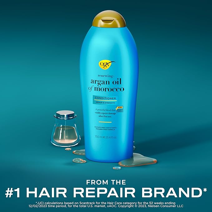 OGX Renewing + Argan Oil of Morocco Conditioner, Repair Conditioner & Argan Oil Helps Strengthen & Repair Dry, Damaged Hair, Paraben-Free, Sulfate-Free Surfactants, 25.4 fl. oz