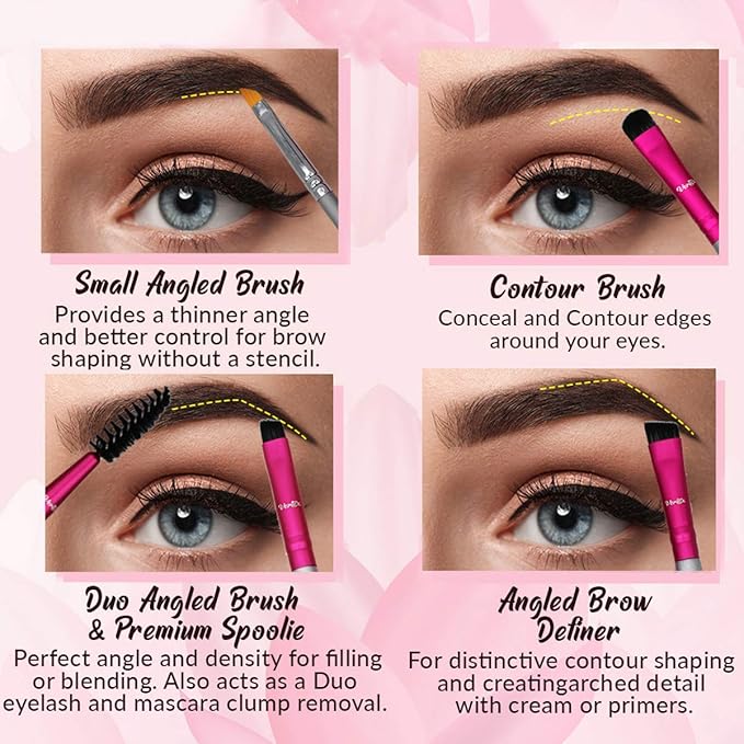 Eyebrow Brush Kit Thin Angled - Eye Brow Concealer Contour Brush to Shape and Conceal Eyes Duo Spoolie Brushes Firm Bristles Definer for Filling Pomade Gel | Defining Arches Winged Eyeliner Stencil