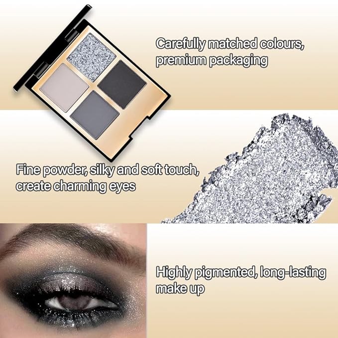 Eyeshadow Quad Makeup Palette – 4 Shades of Black, Gray, Natural, Nude & Smoky Tones, Blendable Matte & Shimmer, Long-Lasting Waterproof, Perfect for Mature & Young Women, with Built-In Mirror 01#
