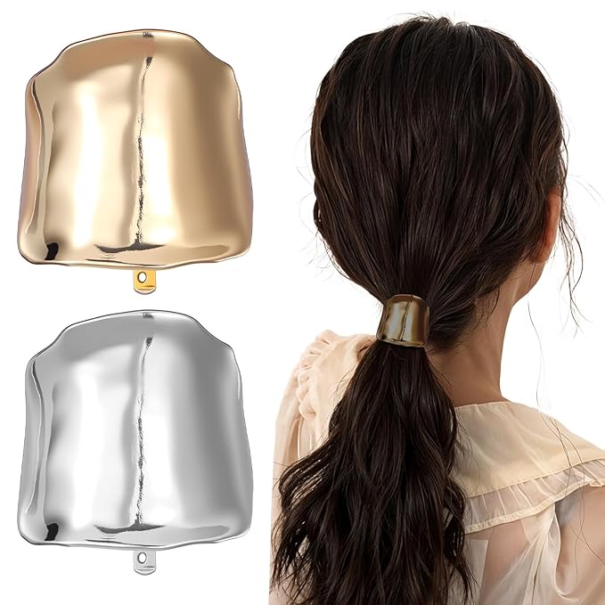 2pcs Hair Cuffs for Ponytail with Decorative Rings Metal High Ponytail Holder Hair Clips Cuff Barrettes Decorative Hold Fine Hairs Buckle Holders Accessories for Women Girl (Gold, Silver)