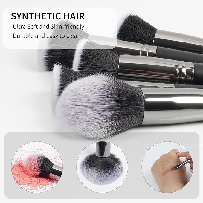 18pcs Makeup Brush Set with Case Dense Synthetic Fiber Premium Metal Ferrule Wood Handle Brushes Includes Powder Foundation Blush Eyeshadow Kit Professional Make up Tools for Women(Black)