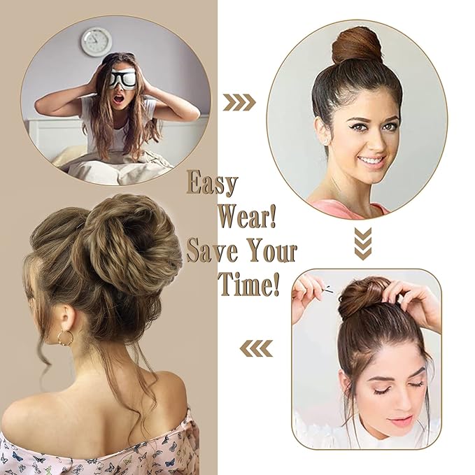 MORICA 1PCS Messy Hair Bun Hair Scrunchies Extension Curly Wavy Messy Bun Hair Synthetic Chignon Hairpieces for Women(Ash Blonde & Lightest Blonde)