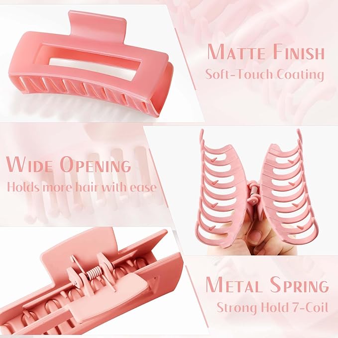 TOCESS Hair Claw Clips for Women Long Thin Hair, 8 Pack 4.33 Inch Big Matte Bright Jelly Pink Square Claw Clip Set, Non-Slip Strong Hold Lightweight Hair Clamps Solve Hair Falling Problem