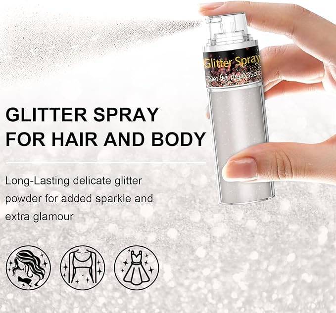 Hair and Body Glitter Spray, 1PC Peal White Glitter Hairspray Dry Powder Makeup for Clothes, Festival Rave Prom Loose Sparkle Powder,Holographic Ultra Fine Resin Glitters for Crafts,10g (Peal White)