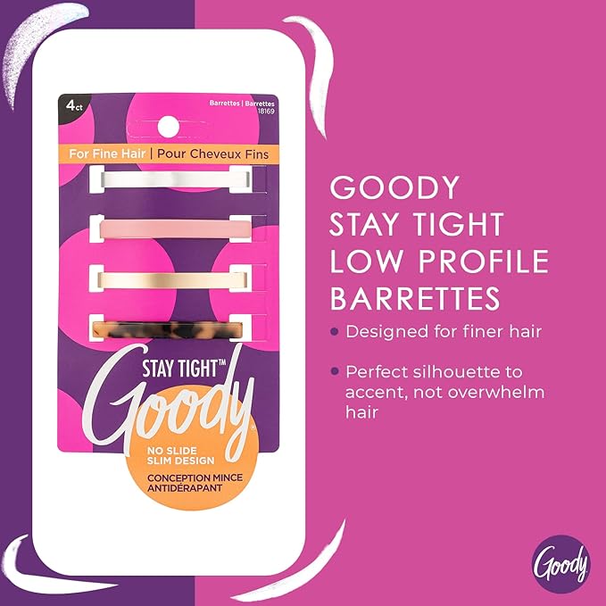 Goody Hair Barrettes Clips for Fine Hair - 4 Count, Assorted Colors - Slideproof and Lock-In Place - Pain-Free Hair Accessories for Men, Women, Boys, and Girls - Stay Tight for All Day Comfort
