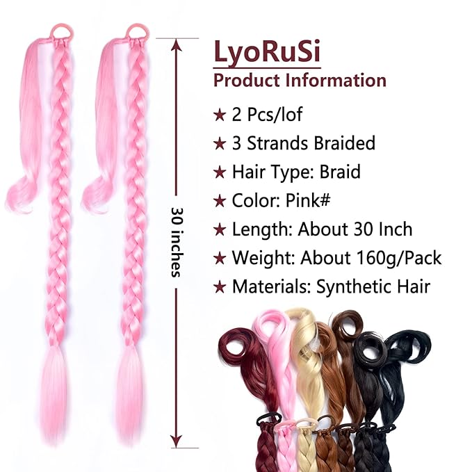 2 Pack Pink Long Braided Ponytail Extension with Hair Tie Straight Wrap Around Hair Extensions Ponytail Natural Soft Synthetic Hair Piece for Women