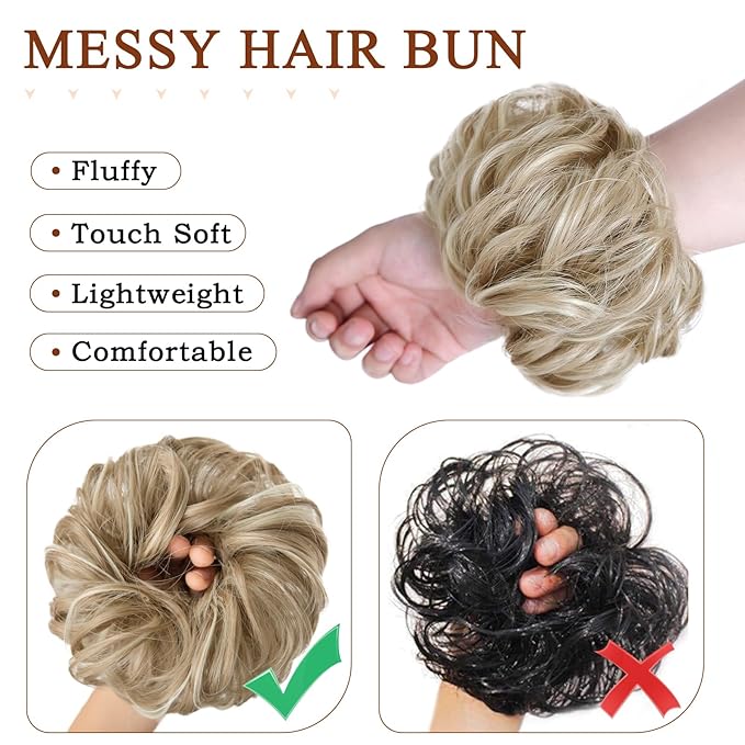 MORICA 1PCS Messy Hair Bun Hair Scrunchies Extension Curly Wavy Messy Bun Hair Synthetic Chignon Hairpieces for Women(16H613(Light Ash Brown & Bleach Blonde))