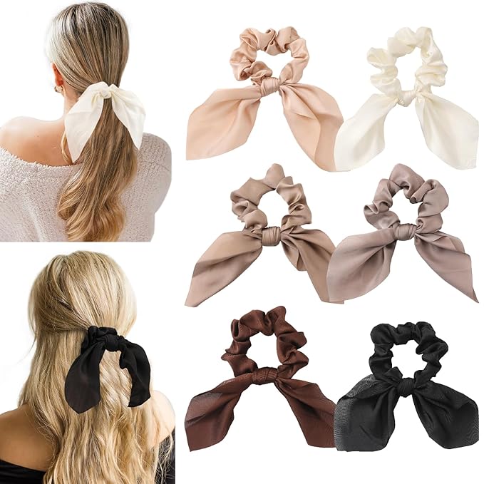 6 PCS Small Hair Bows Silk Scrunchies, Hair Ties with Bows, Hair Scrunchies for Women Girls, Knotted Bow Silk Hair Ties, Satin Hair Ribbons Elastic Hair Ties Valentine's Day Gifts Holiday