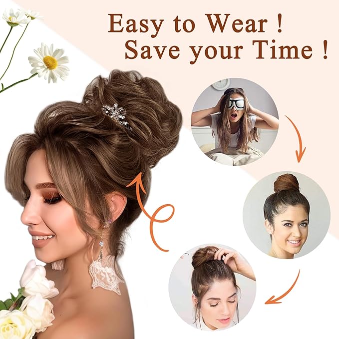 MORICA Messy Bun Hair Piece for Women - Elastic Wavy Curly Fake Bun Hair Extension Chignon Ponytail Hairpieces for Women (Ash Blonde & Bleach Blonde)