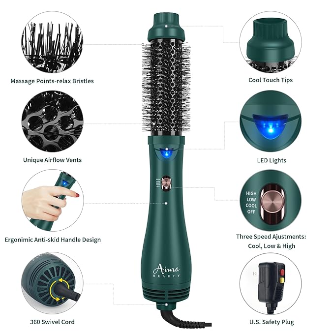 Aima Beauty Hair Dryer Brush, One Step Hair Dryer & Volumizing Hot Air Brush, 3 Heat/Speed Settings, Advanced Ionic Technology, Ceramic Coating, Nylon Pins & Tufted Bristles, Dark Green, 1000W, 125V