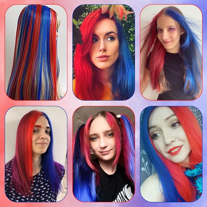 14 PCS Colored Clip In Hair Extensions 20 Inch Colorful Party Highlights Clip In Straight Rainbow Hairpieces, Halloween Cosplay Christmas New Year Gift For Women Kids Girls(Red, Blue-14Pcs)
