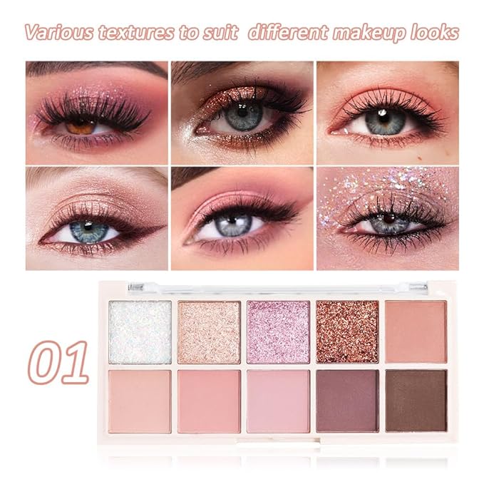 Ten Color Matte Shimmer Eyeshadow Makeup Palette,White Champagne Gold Rose Gold & Nude Pink Plum Dark Brown 10Color Series Powder Eye Shadow,Daily Makeup Eyeshadow,Easy to Carry,Vegan&Cruelty-Free 01#