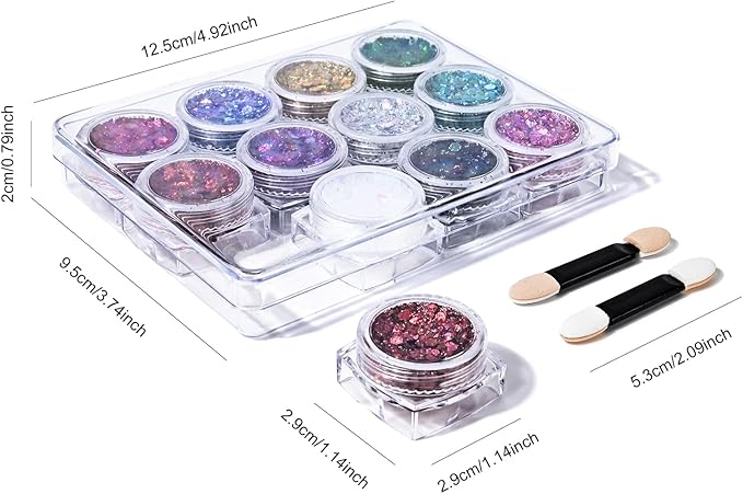 Ownest 12 Colors Holographic Chunky Glitter Gel Set, Christmas Party Makeup Face Body Eye Lips Hair Nail Cosmetic Festival Chunky Glitter Eyeshadow, Mixable, No Need Glue(B)