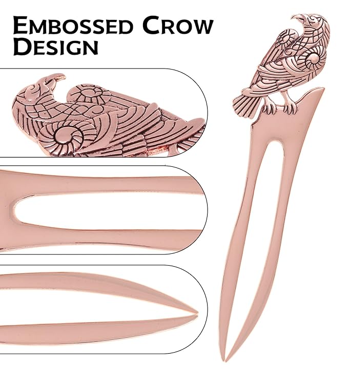2pcs Antique Rose Golden Raven Prong Forks Styling Pins Black Wicca Witch Hair Stick Slide Renaissance Festival Hair Acceossories for Women 06