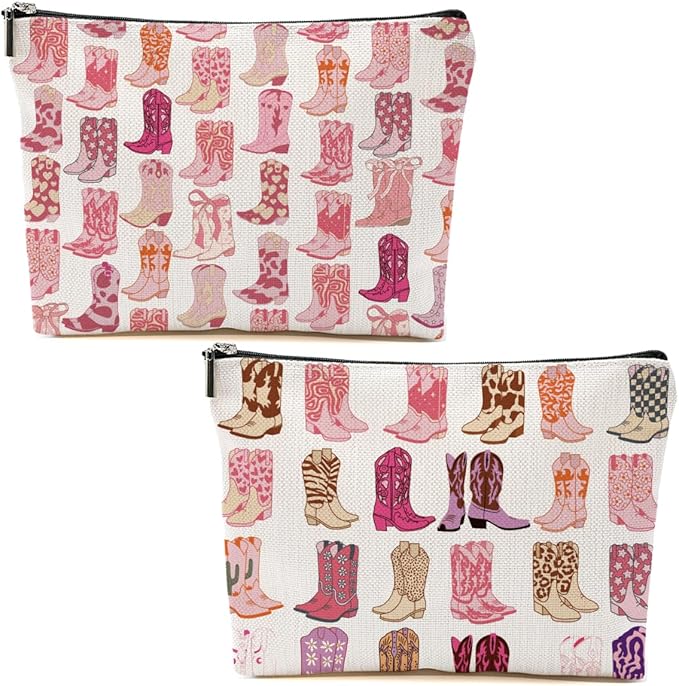 2pcs Western Makeup Bag Cowgirl Boots Cosmetic Bags for Women, Cowgirls Gifts for Women Sisters Friends Birthday Gift, Toiletry Zipper Pouch Western Stuff Cowboy Boots Gifts