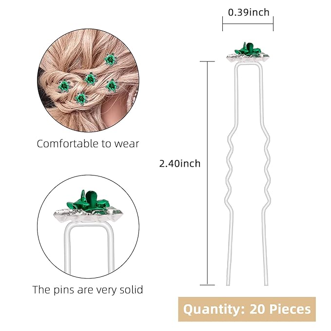 20 Pack (Green) Crystal Hair Pins Rose Flower Rhinestone Hair Clips for Bridal Wedding Women Hair Jewelry Accessories, with Clear Container