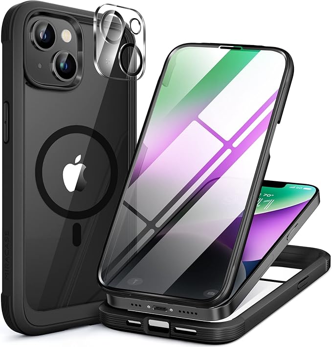 Miracase Glass Series Designed for iPhone 14 Plus Case 6.7 inch, 2023 Upgrade Full-Body Magnetic Clear Case with Built-in 9H Tempered Glass Screen Protector,Compatible with MagSafe,Black