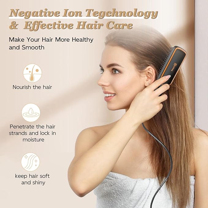 Nicebay Straightener Brush, Rotatable Temperature Adjustment Hair Straightening Brush, Auto-Off & Led Display Hair Straightener Comb for Women