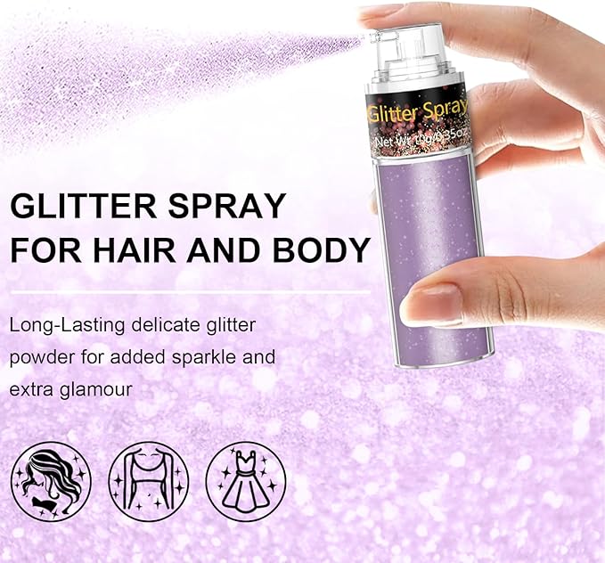 Hair and Body Glitter Spray, 1PC Purple Glitter Hairspray Dry Powder Makeup for Clothes, Festival Rave Prom Loose Sparkle Powder,Holographic Ultra Fine Resin Glitters for Crafts,10g (Purple)