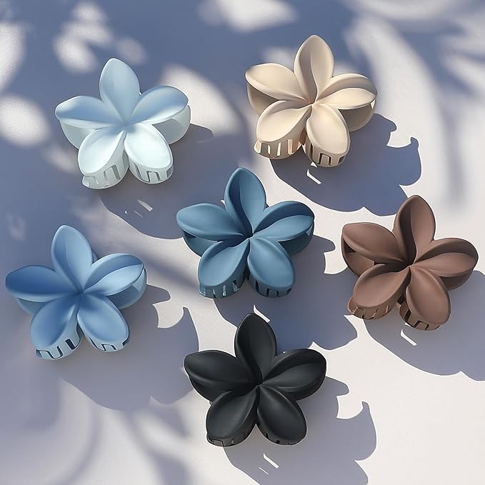 Hair Clip, 6 Pcs Large Plumeria Flower Claw Clips for Thick Medium Hair - Blue Brown Beach Hair Accessories for Women and Girls