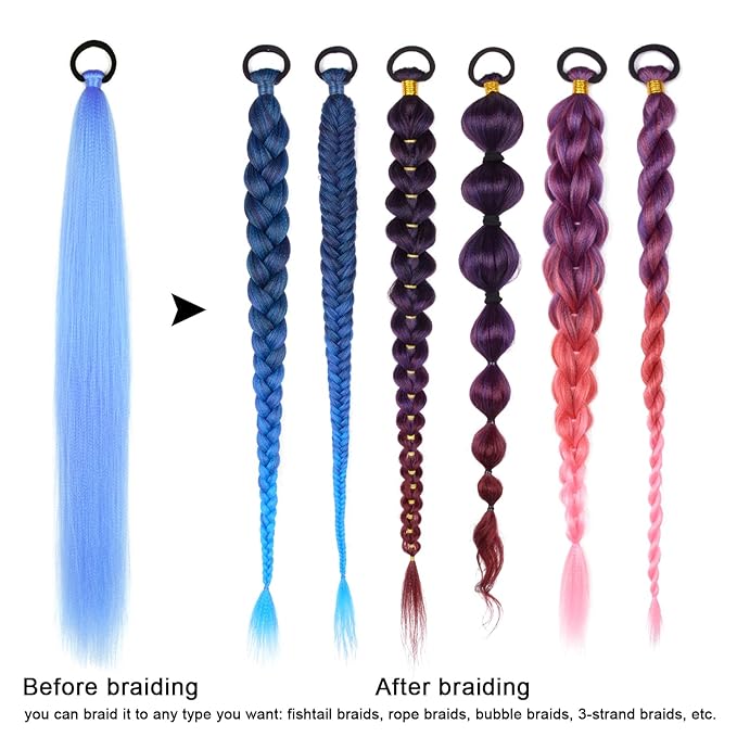 2 Pack Blue Ponytail Extension with Elastic Tie Straight Sleek Wrap Around Braid Ponytail Light Blue 26 Inch (Light Blue#)