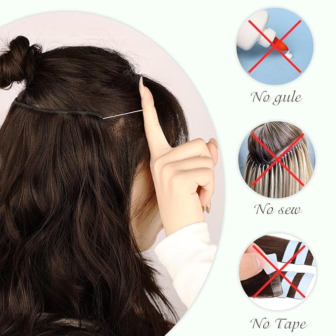 MORICA Halo Hair Extensions 20 Inch Natural Black Invisible Wire Hair Extensions,Long Wavy Synthetic Hairpiece with Transparent Wire Adjustable Size, 4 Secure Clips for Women