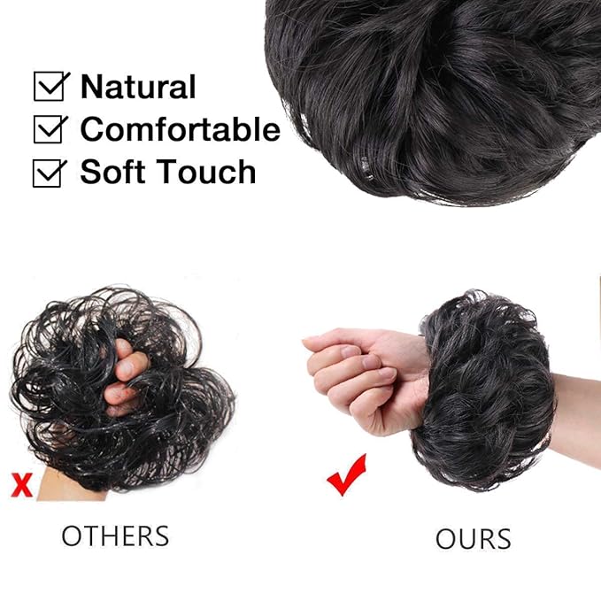 MORICA 2PCS Messy Bun Hair Piece, Fake Messy Bun Scrunchies for Thin Hair Extension, Curly Wavy Synthetic Chignon Ponytail for Women (Natural Black#)