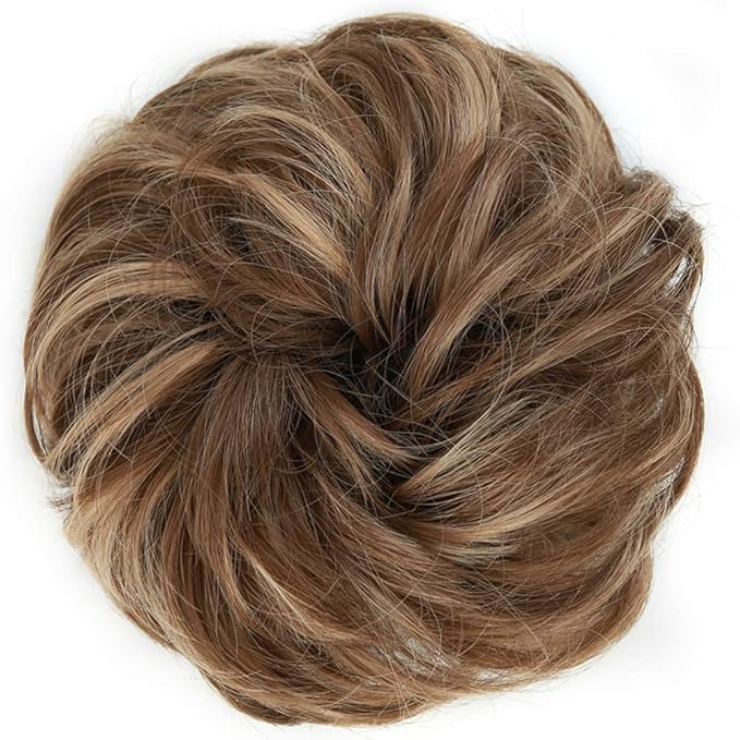 MORICA 2PCS Messy Hair Bun Extensions Curly Wavy Messy Synthetic Chignon Hairpiece Scrunchie Scrunchy Updo Hairpiece for women(Light Golden Brown & Pale Golden Blonde)